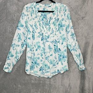 Lucky Brand Large Shirt Top White Blue Floral Flower Long Sleeve V Neck Knit